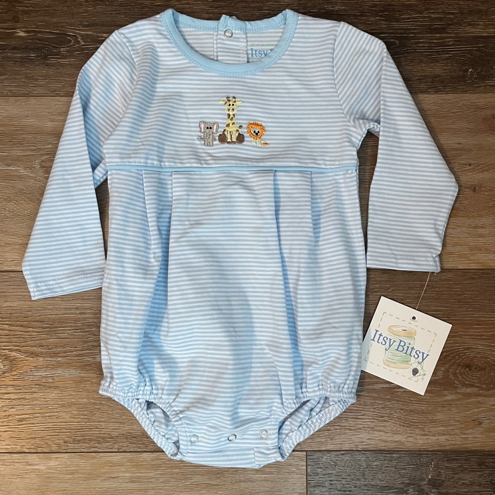 Itsy Bitsy Baby Blue Striped Long-Sleeve One-Piece with Safari 18M NWT